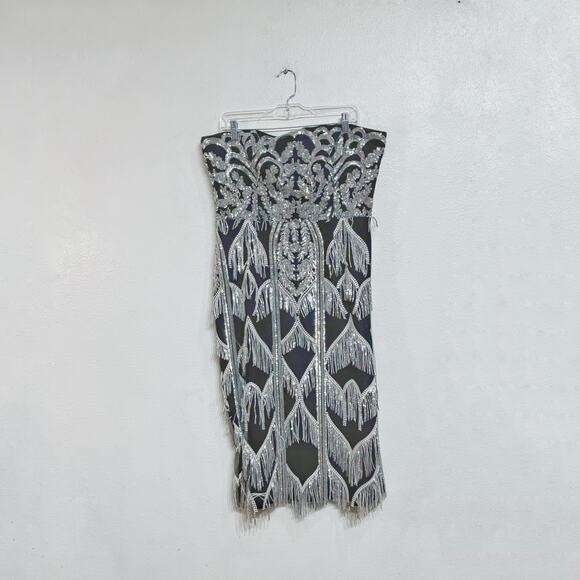 Dress the Population Black Viviana Sequin Fringe Strapless Midi Dress Sz XXL - Picture 2 of 13